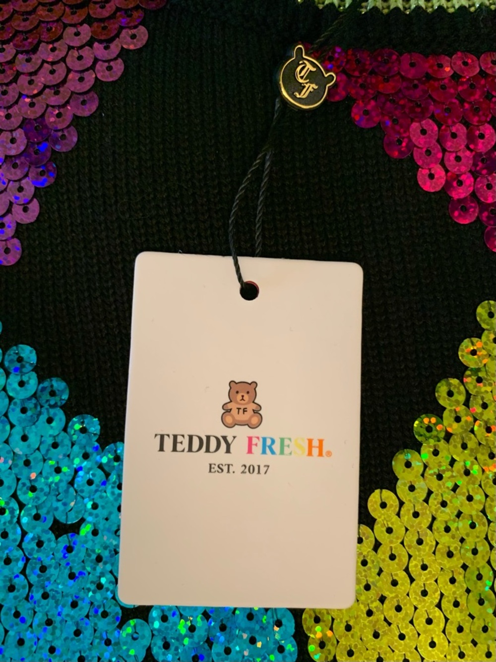 Teddy Fresh NWT Large Black Crew Sweater Multicolor Sequins Argyle Style Unisex
